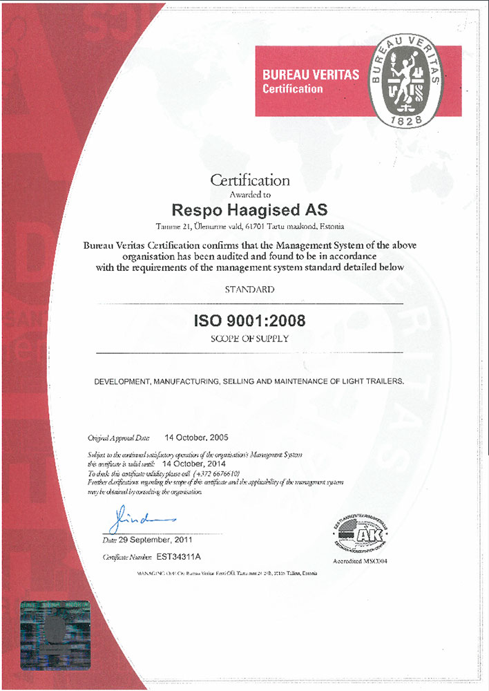 сертификат ISO 9001 на прицепы для легковых автомобилей
